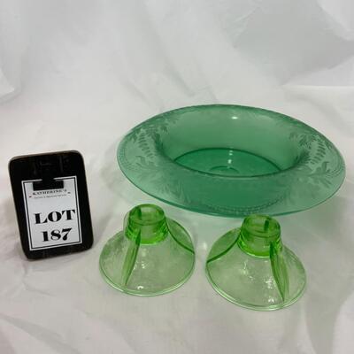 -187- VINTAGE | Green Florentine Candle Holders | Etched Glass Console Bowl