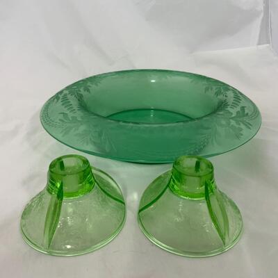 -187- VINTAGE | Green Florentine Candle Holders | Etched Glass Console Bowl