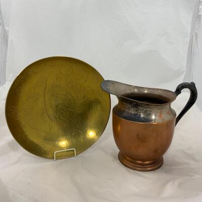-190- VINTAGE | Brass Asian-Inspired Plate | Silver over Copper Pitcher