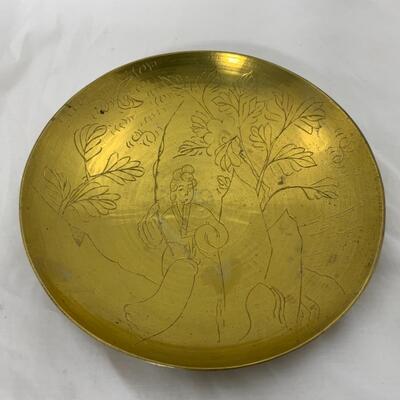 -190- VINTAGE | Brass Asian-Inspired Plate | Silver over Copper Pitcher