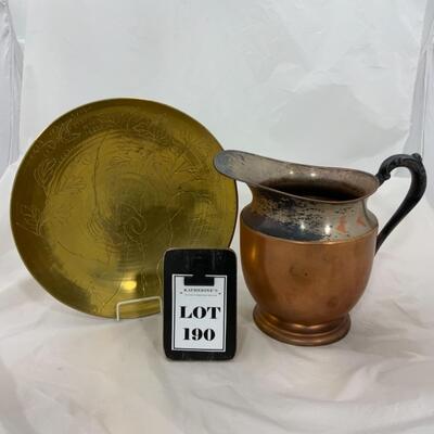 -190- VINTAGE | Brass Asian-Inspired Plate | Silver over Copper Pitcher