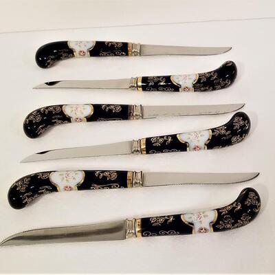 Lot #44  Set of Six Porcelain Barrel Handled Steak Knives