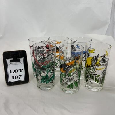 -197- VINTAGE | Six Bird Glasses | Goldfinch | Blue Bird | Oriole | Scarlet Tanager