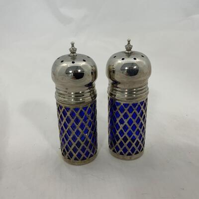 -201- VINTAGE | Silver Plated Salt and Pepper | Caged Cobalt Glass