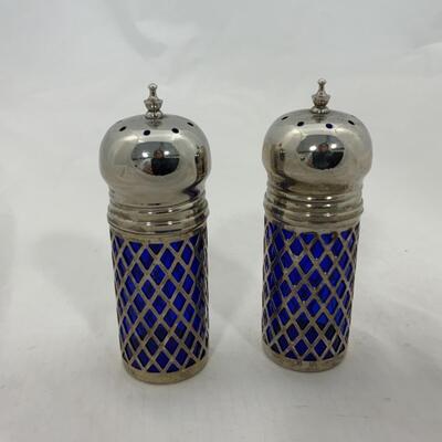 -201- VINTAGE | Silver Plated Salt and Pepper | Caged Cobalt Glass