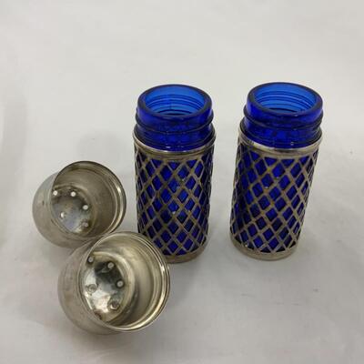 -201- VINTAGE | Silver Plated Salt and Pepper | Caged Cobalt Glass