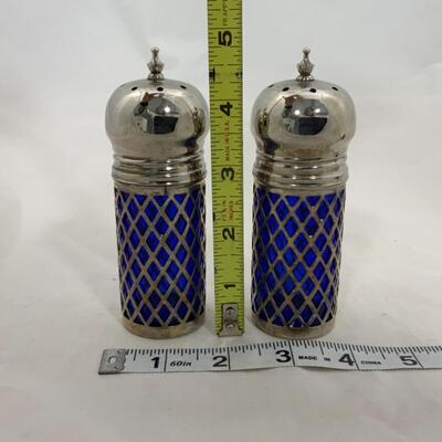 -201- VINTAGE | Silver Plated Salt and Pepper | Caged Cobalt Glass