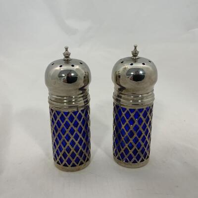 -201- VINTAGE | Silver Plated Salt and Pepper | Caged Cobalt Glass