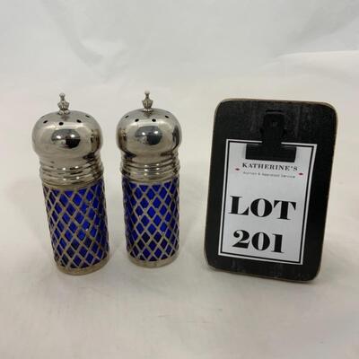 -201- VINTAGE | Silver Plated Salt and Pepper | Caged Cobalt Glass