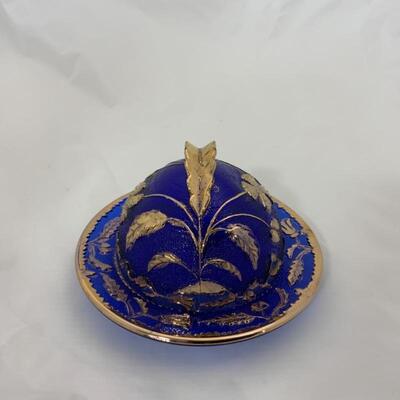 -207- ANTIQUE | Cobalt Gold-Gilded Covered Butter Dish