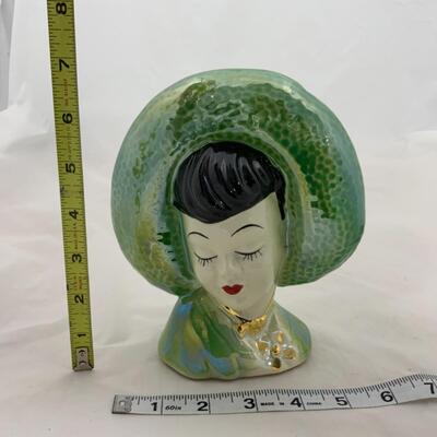 -218- VINTAGE | Head Vase | Iridescent Green | Gold Accent