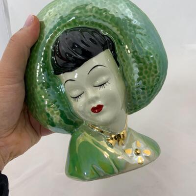 -218- VINTAGE | Head Vase | Iridescent Green | Gold Accent