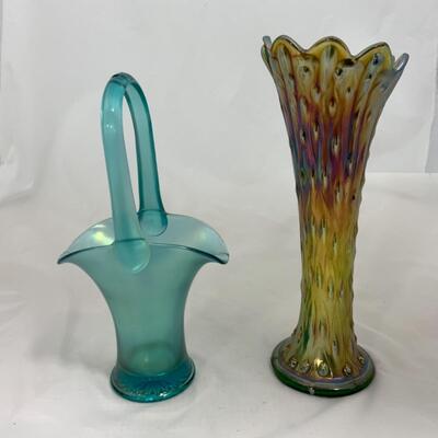 -225- Blue Basket | Northwood Carnival Glass Vase