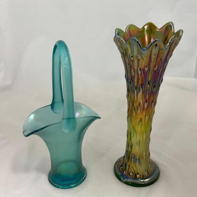 -225- Blue Basket | Northwood Carnival Glass Vase