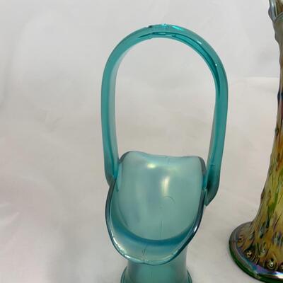 -225- Blue Basket | Northwood Carnival Glass Vase