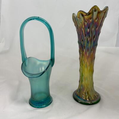 -225- Blue Basket | Northwood Carnival Glass Vase