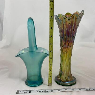 -225- Blue Basket | Northwood Carnival Glass Vase