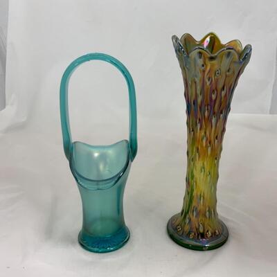 -225- Blue Basket | Northwood Carnival Glass Vase