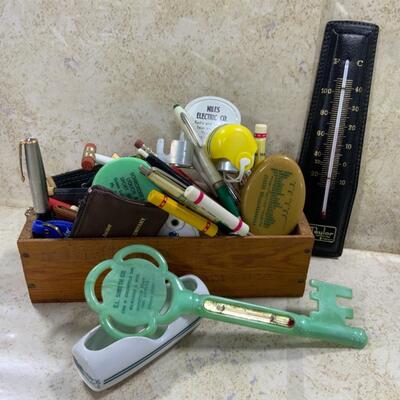 -242- Junk Drawer Treasures | Advertising Pens | Cheese Box