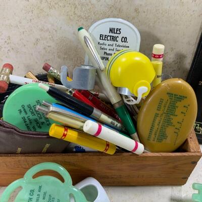 -242- Junk Drawer Treasures | Advertising Pens | Cheese Box
