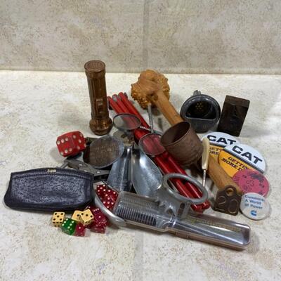 -249- Eclectic Box Lot | Dice | Flash Light | Buttons | Hair Cutting Tool