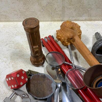 -249- Eclectic Box Lot | Dice | Flash Light | Buttons | Hair Cutting Tool