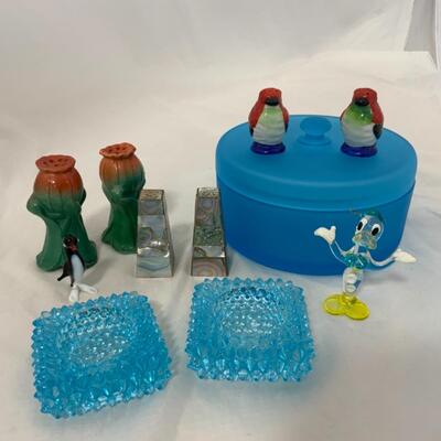 -286- VINTAGE | Satin Glass Large Dish | Figural Salt and Pepper | Donald Duck