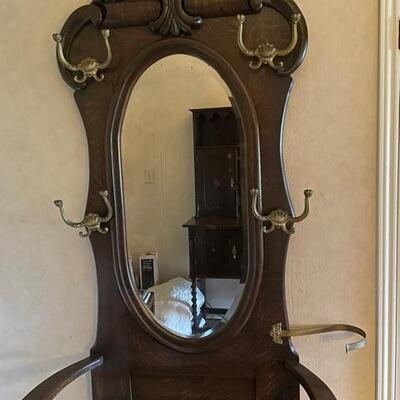 Antique Oak Hall Tree with Seat