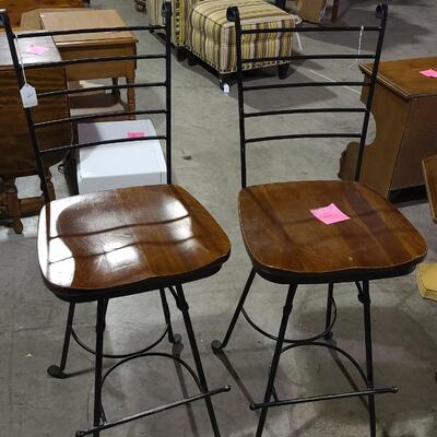 Lot of 2 Swivel Bar Stools wrought iron and wood  -Item #498