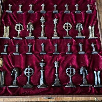 Vintage Heavy Cast Metal Medieval Chess Set