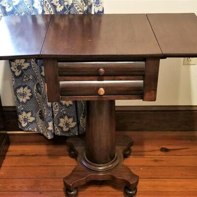 Lot #69  Antique Drop Leaf Side Table with 2 drawers