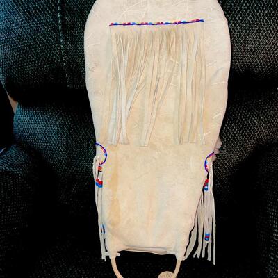 Lot 153   Paiute Shoshone New Born Cradle Board Willow Buckskin Rabbit Glass Seed Beads w/Doll Baby