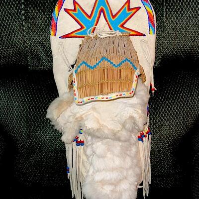 Lot 153   Paiute Shoshone New Born Cradle Board Willow Buckskin Rabbit Glass Seed Beads w/Doll Baby