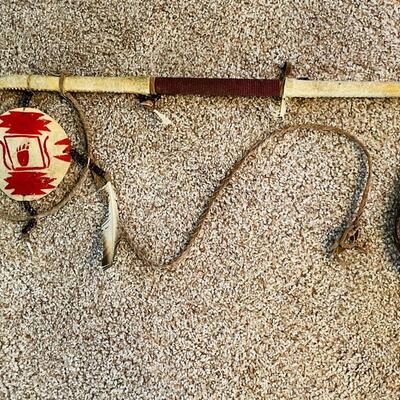Lot 161  Native American Curved Coup/Dance Stick Painted Design Buffalo Hair Tail