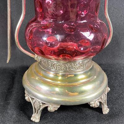 Antique Cranberry Thumbprint Glass Olive Pickle Caster Jar with Caddy & Spoon