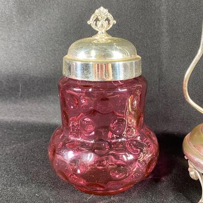 Antique Cranberry Thumbprint Glass Olive Pickle Caster Jar with Caddy & Spoon
