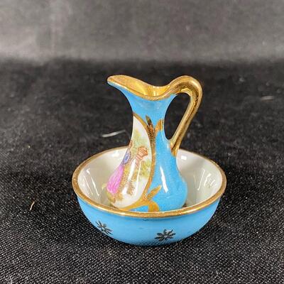 Limoges France Blue Gold Victorian Couple Miniature Wash Basin & Pitcher