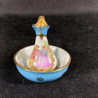 Limoges France Blue Gold Victorian Couple Miniature Wash Basin & Pitcher