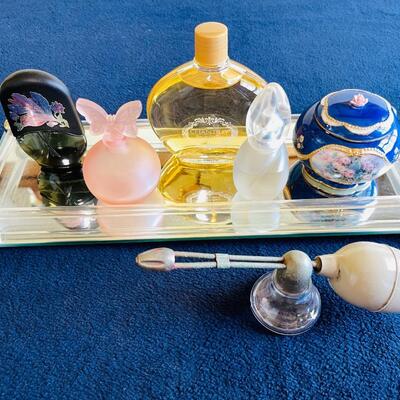 Lot 185  Mirrored Dresser Tray Music Box Perfume Bottles & Antique Glass Atomizer