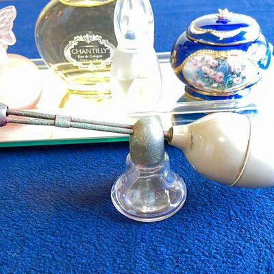 Lot 185  Mirrored Dresser Tray Music Box Perfume Bottles & Antique Glass Atomizer