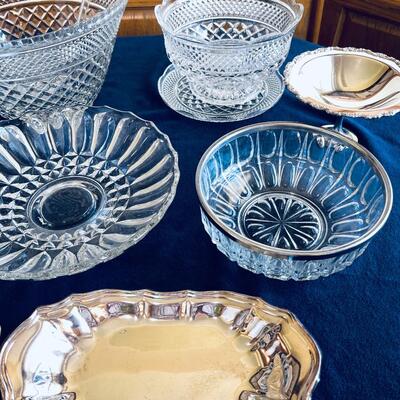 Lot 186  Group of Vintage Clear Glass & Silver Plate Table Ware