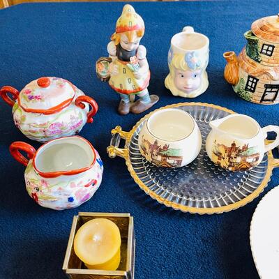 Lot 187  Group of Vintage Pottery Kitchen Items Tea Pots Sugar Creamers Occupied Japan Figurine