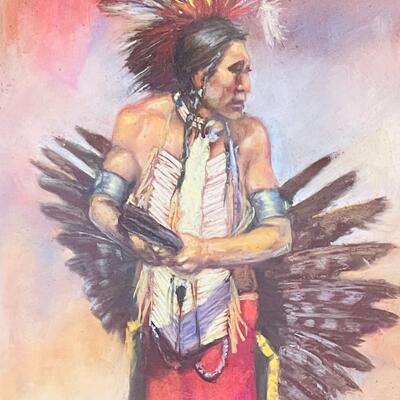 Lot 195  Original Pastel Painting by Carol Theroux Native American Man Eagle Feathers 