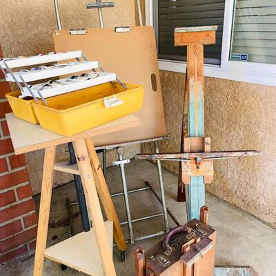 Lot 197  Group of Artist's Easels Paint Box Tall Turn Table 