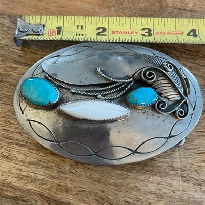 Native American (Navajo) F. Monte Sterling & Turquoise Belt Buckle 