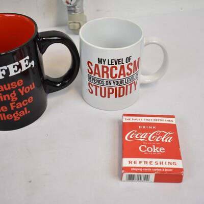 Mugs, Glitter Lamps, Easy Button, Coca Cola Playing Cards - Used