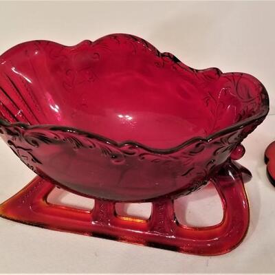 Lot #117  Ruby Red Glass Sleigh and Candlesticks