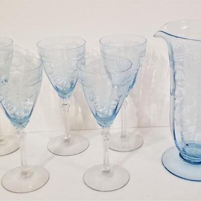 Lot #120  Gorgeous Set of 1940's Elegant Glassware - Goblets with matching pitcher - BLUE