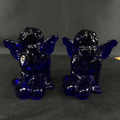 2 Cobalt Blue Glass Cherub Angel Candle Holders