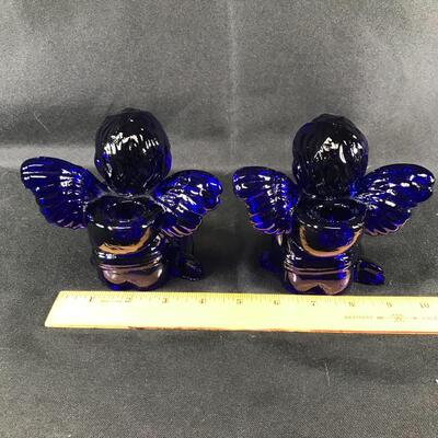 2 Cobalt Blue Glass Cherub Angel Candle Holders